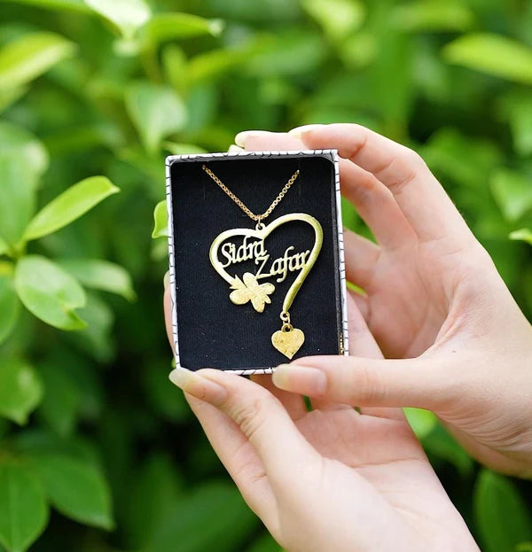 Heart Name Necklace – Custom Gold Plated Couple Pendant with Charm